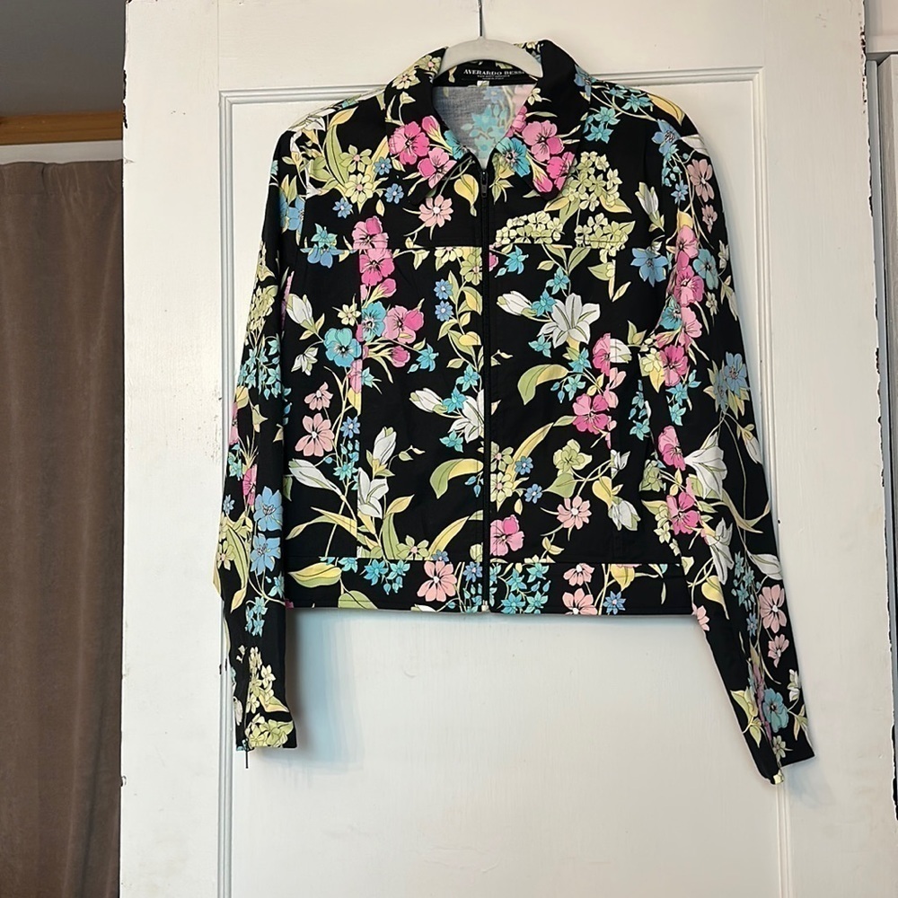 Averardo Bessi Italy Floral Cotton Stretch Zip Jacket Black Multicolor Art Wear